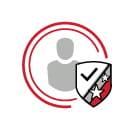 Core Values logo for "No Excuse Devotion". An icon of a person with a shield in front of it, with a checkmark and two stars inside the shield.