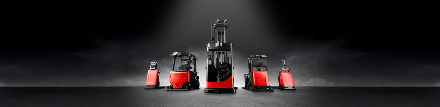 5 AGVs on a dramatic smokey black background