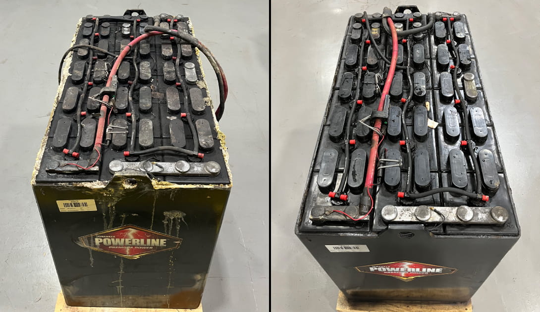 Comparison photos of a forklift battery before and after steam cleaning