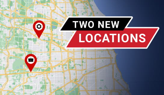 Map of Chicagoland with two red map marker pins